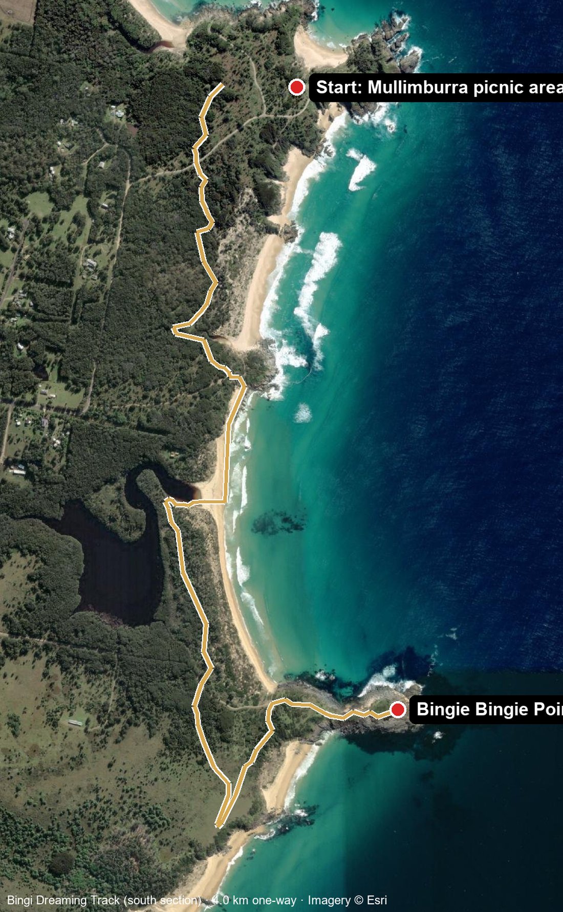 Satellite map of the Bingi Dreaming Track south section from Mullimburra picnic area to Bingie Bingie Point