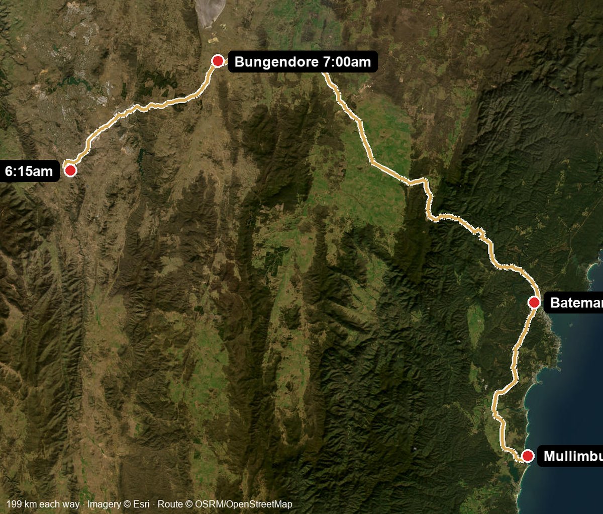 Satellite overview of the full route with all stops marked
